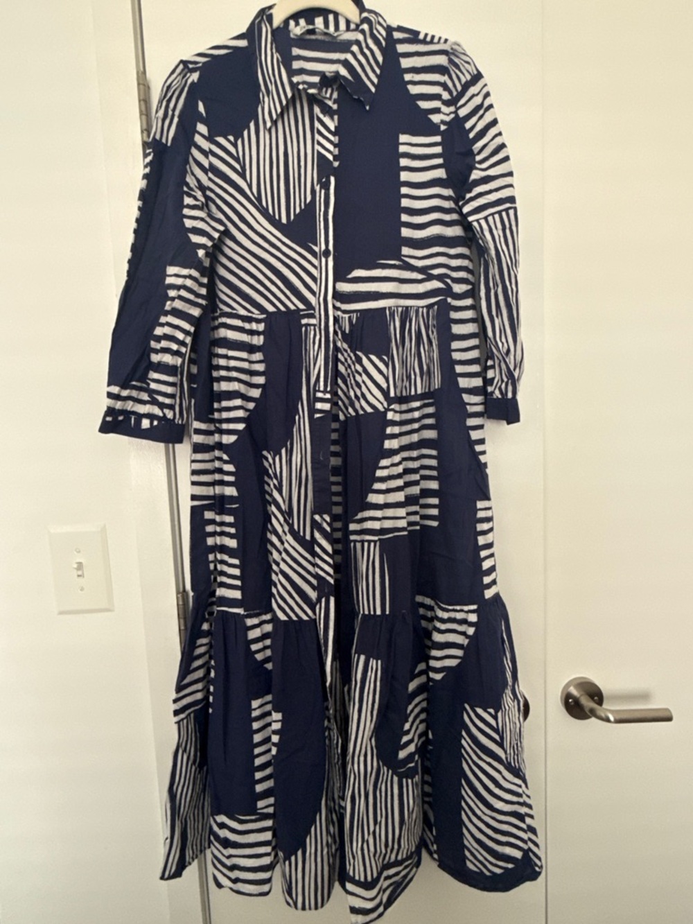 Zara Blue and White Cotton Long Sleeve Sundress with Mandarin Collar